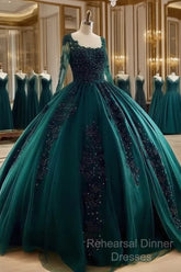 Lace Beaded Green Ball Gown Quinceanera Dress Long Sleeves Graduation Dresses